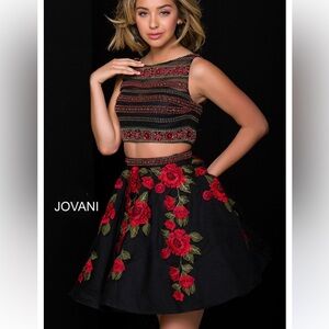 Jovani Black Skirt with Red Floral Embroidery